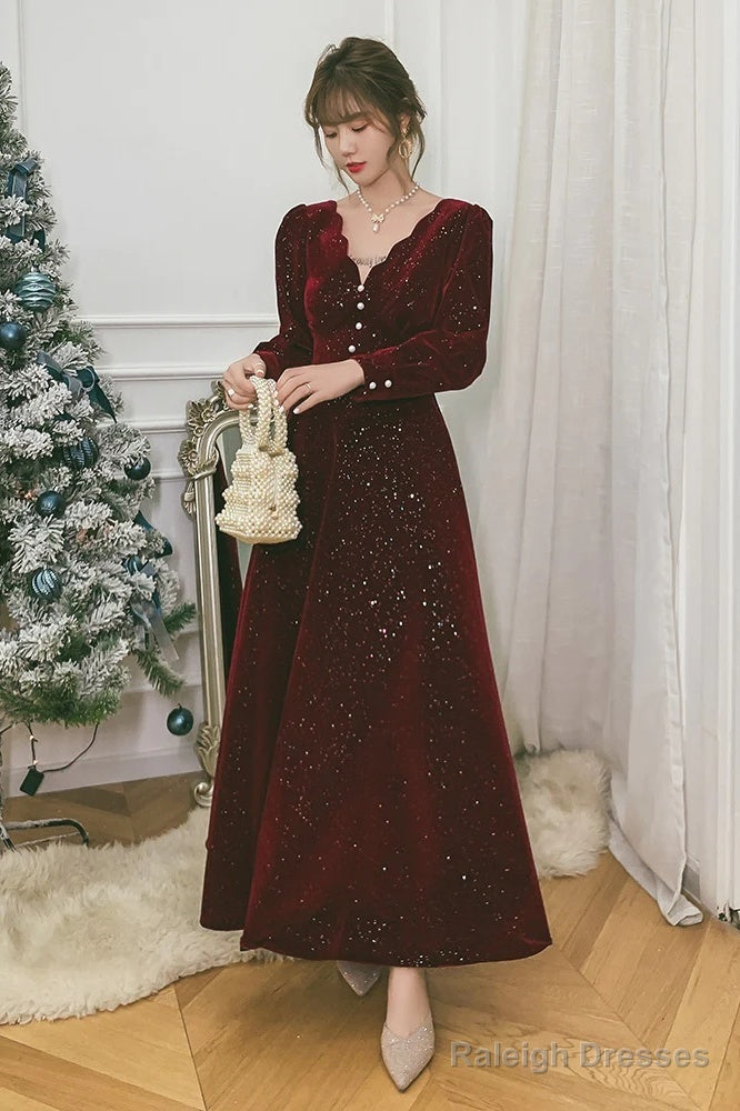 Wine Red Velvet Long Sleeves Prom Dresses Wine Red V-Neckline Prom Dresseses