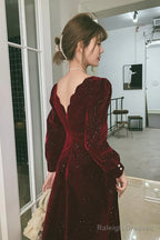 Wine Red Velvet Long Sleeves Prom Dresses Wine Red V-Neckline Prom Dresseses