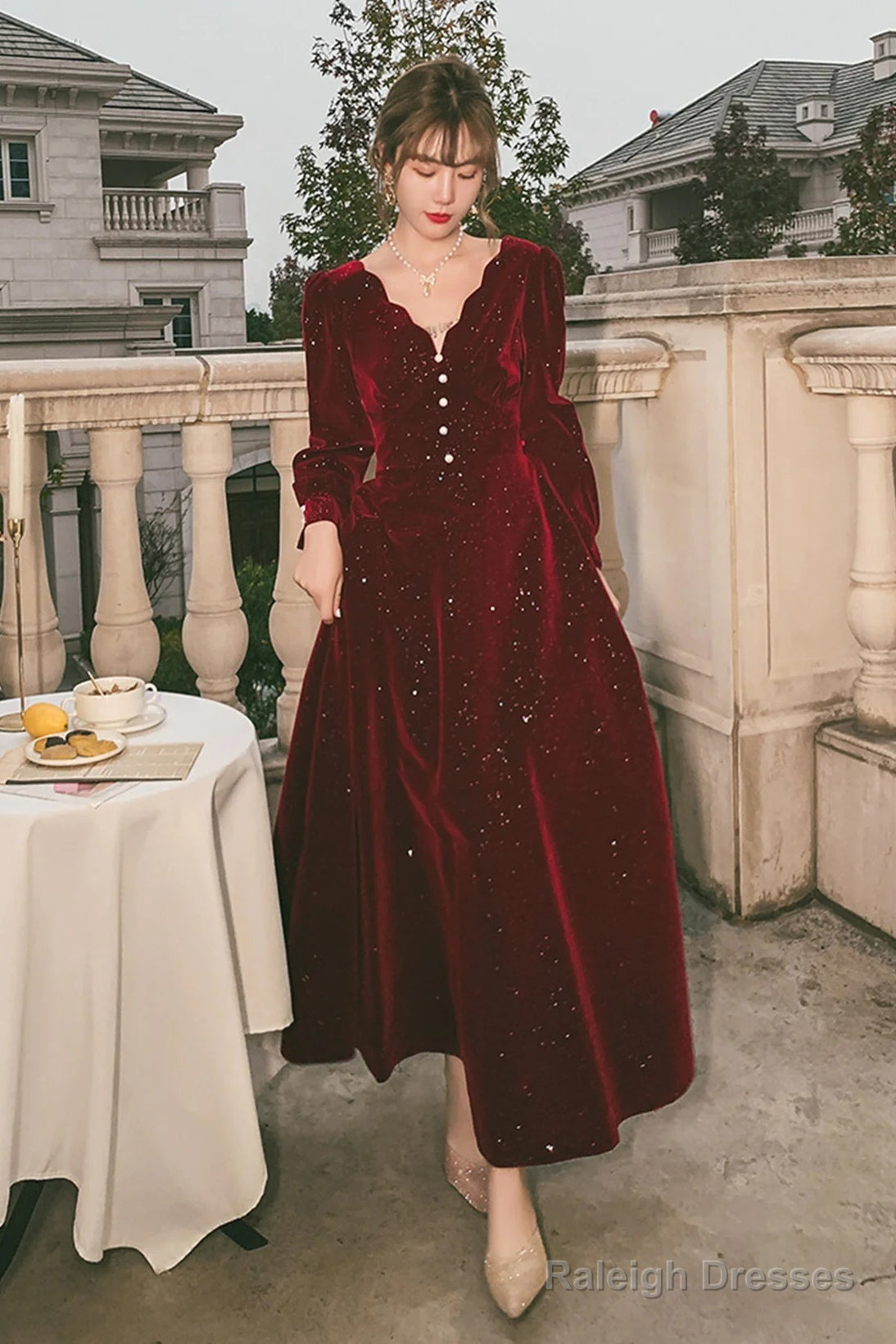 Wine Red Velvet Long Sleeves Prom Dresses Wine Red V-Neckline Prom Dresseses