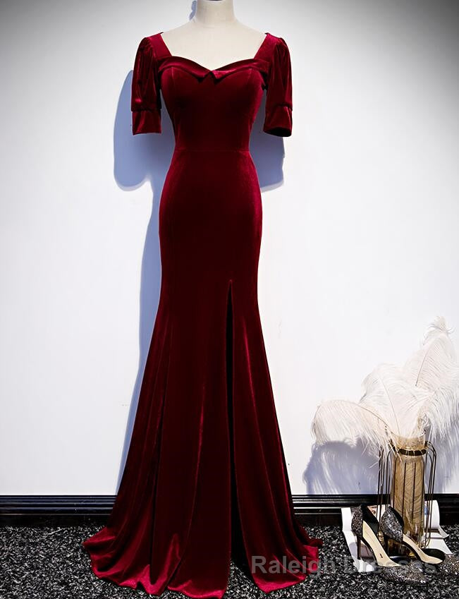Wine Red Velvet Mermaid Long Prom Prom Dresses, Dark Red Velvet Formal Dresses Main image