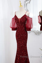 Wine Red Velvet Mermaid Long Party Dress, Wine Red Vekvet Prom Dress