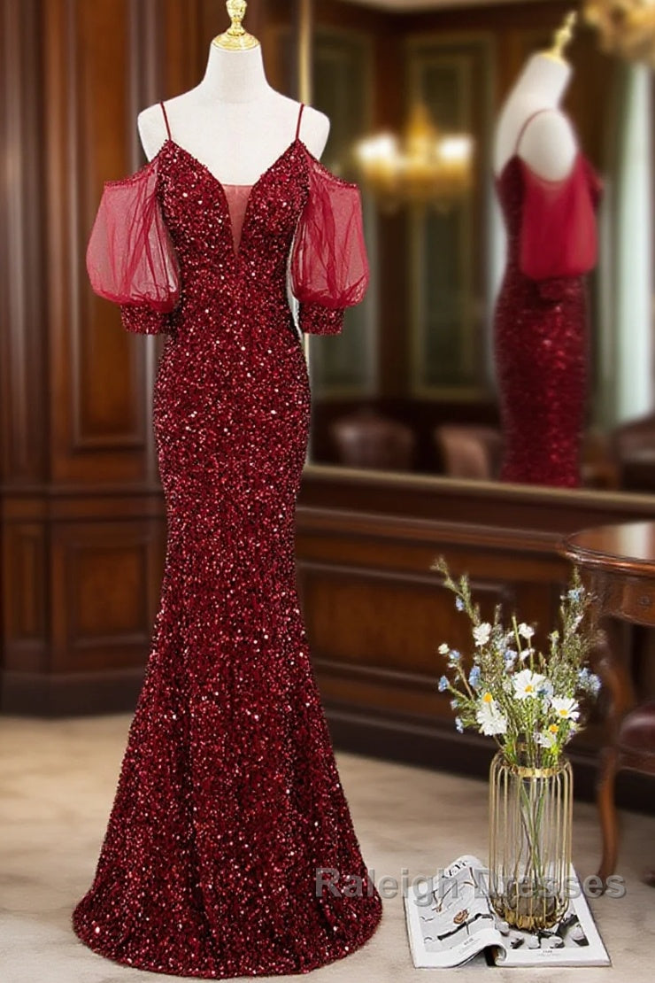 Wine Red Velvet Mermaid Long Party Dress, Wine Red Vekvet Prom Dress