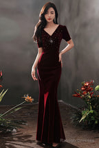 Wine Red Velvet Mermaid Short Sleeves Party Dress, Wine Red Long Evening Dress Prom Dress