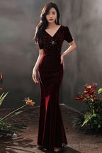 Wine Red Velvet Mermaid Short Sleeves Prom Dresses Wine Red Long Prom Dresseses