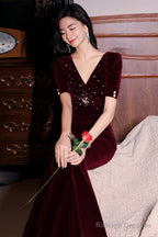 Wine Red Velvet Mermaid Short Sleeves Prom Dresses Wine Red Long Prom Dresseses