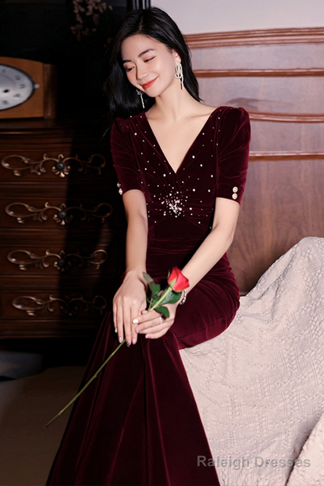 Wine Red Velvet Mermaid Short Sleeves Prom Dresses Wine Red Long Prom Dresseses