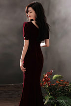 Wine Red Velvet Mermaid Short Sleeves Party Dress, Wine Red Long Evening Dress Prom Dress