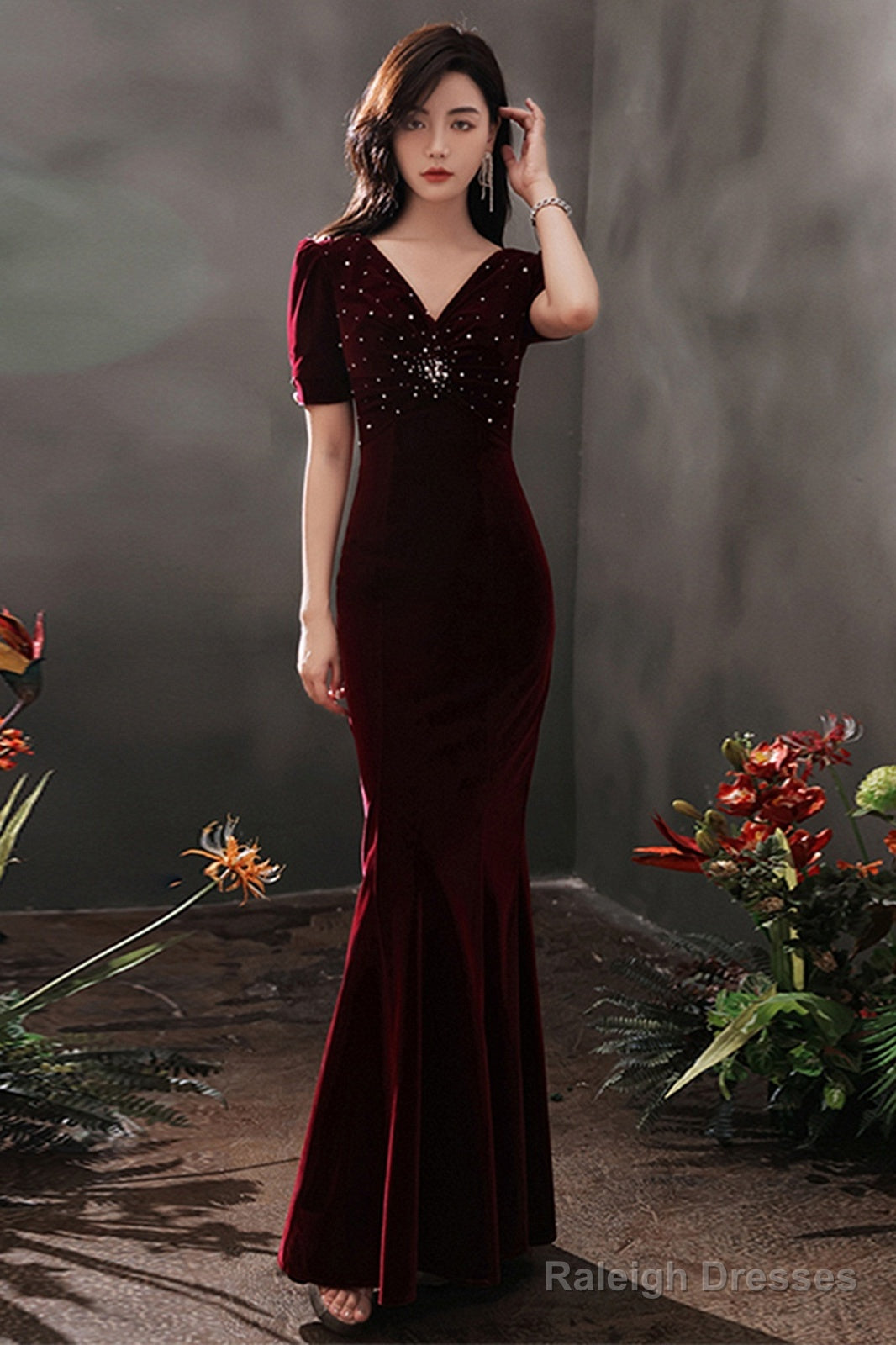 Wine Red Velvet Mermaid Short Sleeves Party Dress, Wine Red Long Evening Dress Prom Dress