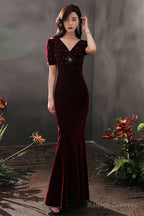 Wine Red Velvet Mermaid Short Sleeves Prom Dresses Wine Red Long Prom Dresseses