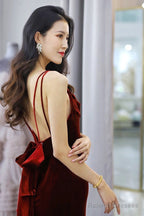 Wine Red Velvet Mermaid Straps Long Prom Dresses Burgundy Bridesmaid Dress