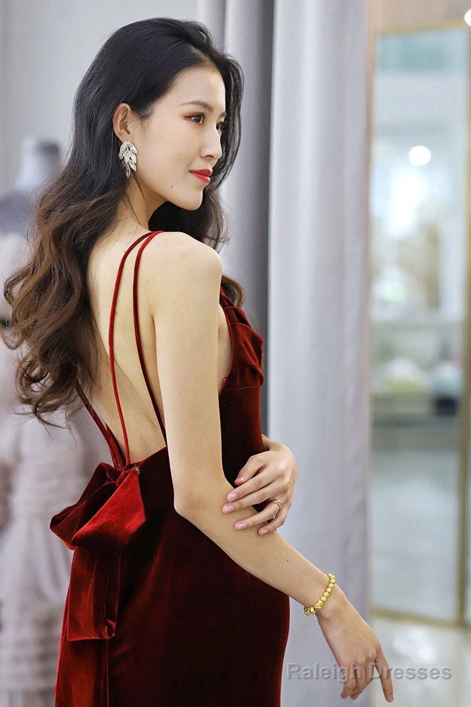 Wine Red Velvet Mermaid Straps Long Prom Dresses Burgundy Bridesmaid Dress
