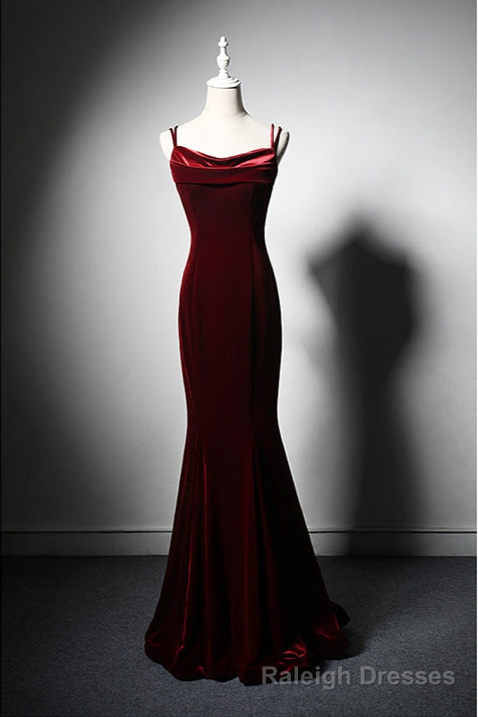 Wine Red Velvet Mermaid Wedding Prom Dresses, Wine Red Formal Dresses