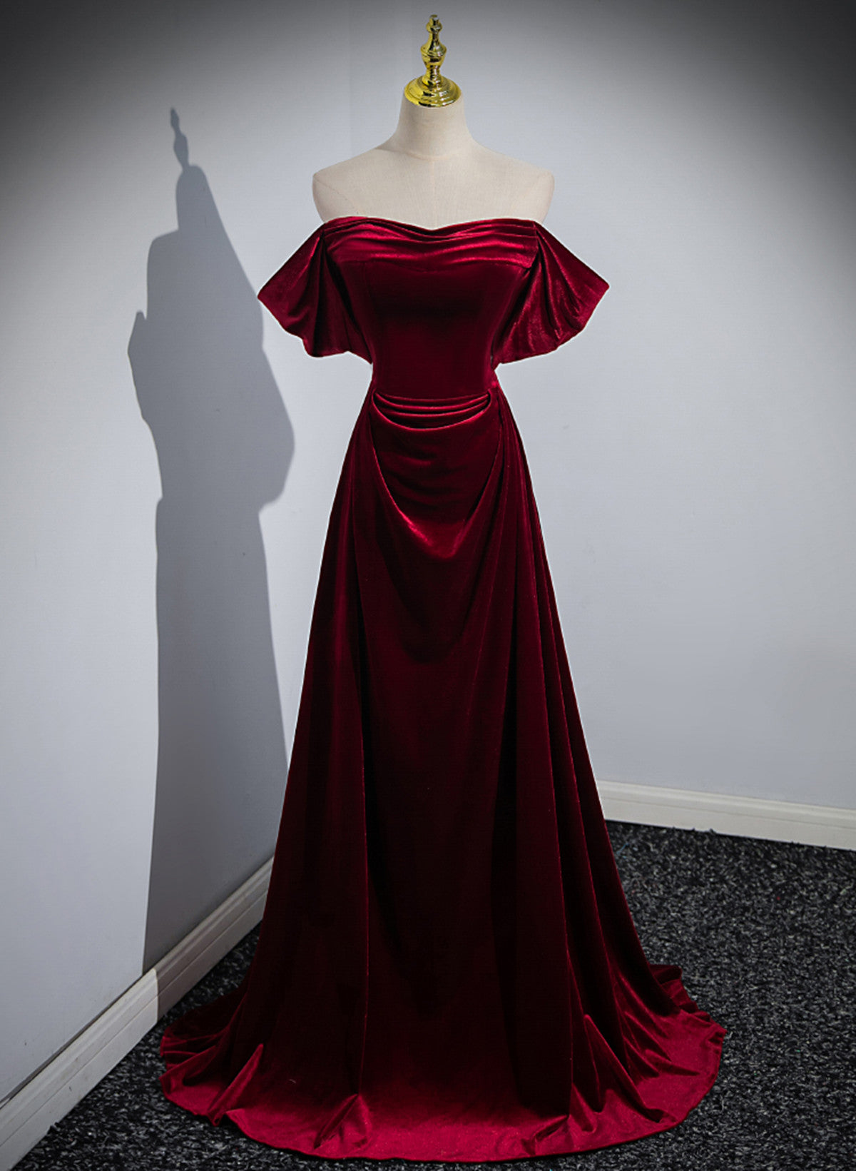 Wine Red Velvet Off Shoulder A-Line Long Prom Dresses Wine Red Floor Length Prom Dresses Main image