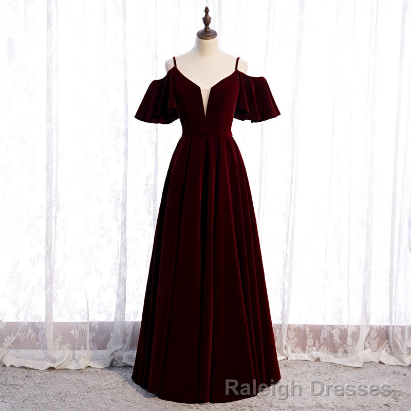 Wine Red Velvet Off Shoulder Floor Length Party Dress, Velvet Junior Prom Dress Main image