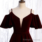 Wine Red Velvet Off Shoulder Floor Length Party Dress, Velvet Junior Prom Dress