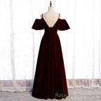 Wine Red Velvet Off Shoulder Floor Length Prom Dress, Velvet Junior Prom Dress