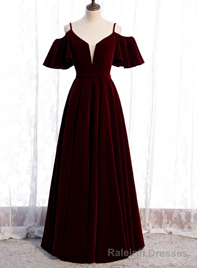 Wine Red Velvet Off Shoulder Floor Length Prom Dress, Velvet Junior Prom Dress Secondary image