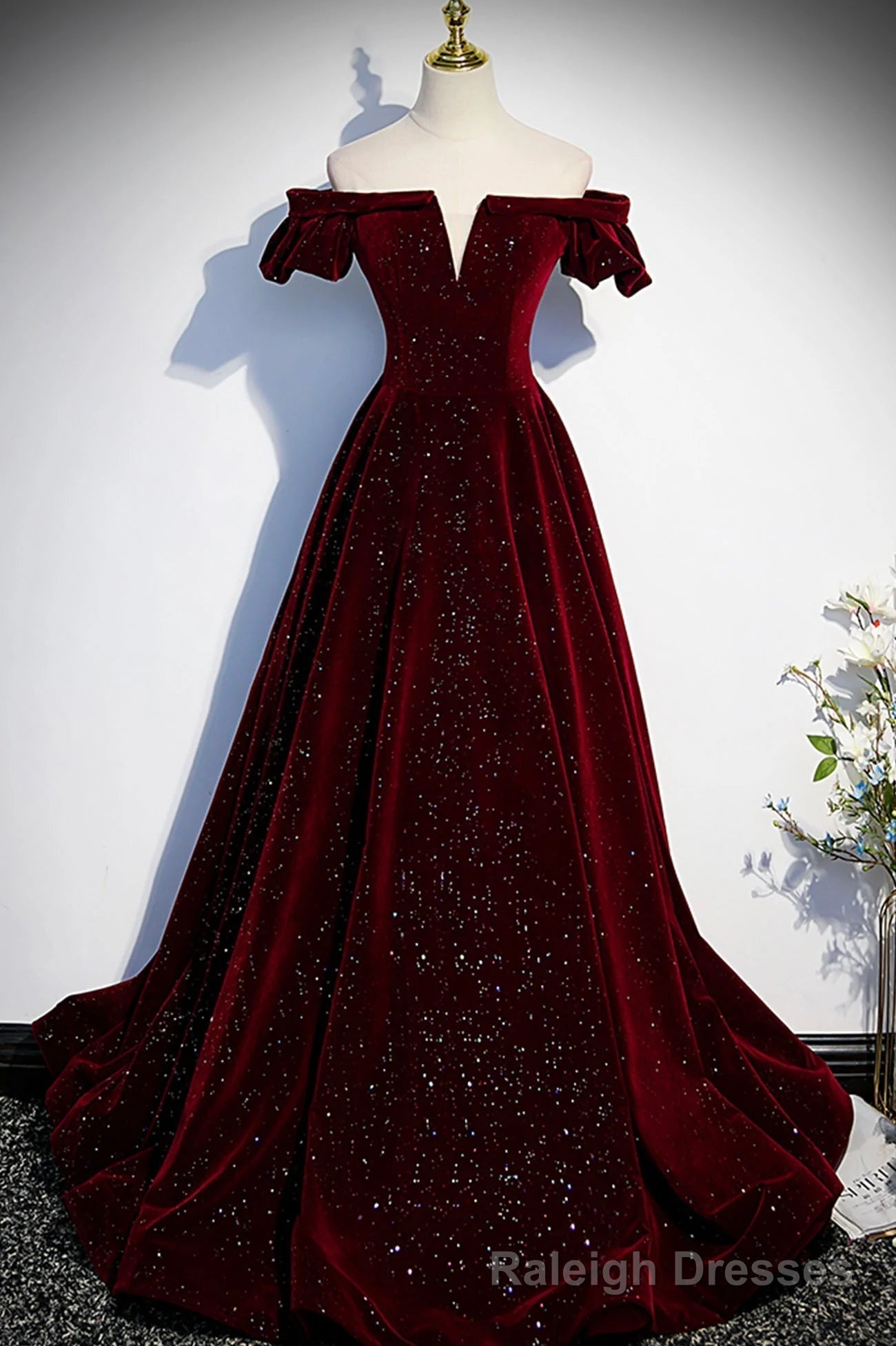 Wine Red Velvet Off Shoulder Long Formal Prom Gowns, Wine Red Prom Dresses Secondary image