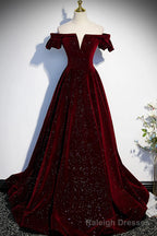 Wine Red Velvet Off Shoulder Long Formal Prom Gowns, Wine Red Prom Dresses
