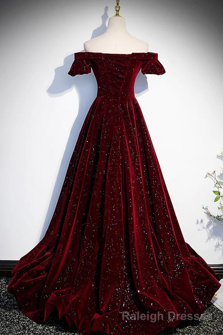 Wine Red Velvet Off Shoulder Long Formal Prom Gowns, Wine Red Prom Dresses Main image