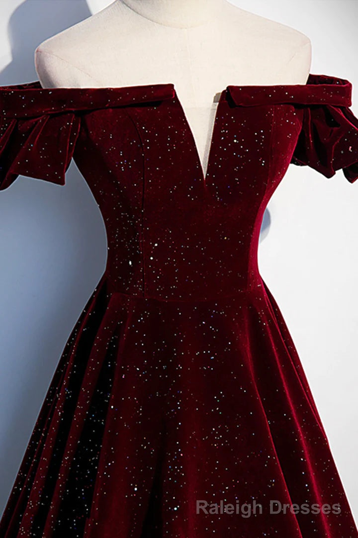 Wine Red Velvet Off Shoulder Long Formal Prom Gowns, Wine Red Prom Dresses