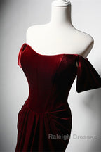 Wine Red Velvet Off Shoulder Long Mermaid Prom Dresses Wine Red Velvet Eveing Dresses
