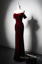 Wine Red Velvet Off Shoulder Long Mermaid Prom Dress, Wine Red Velvet Eveing Dress