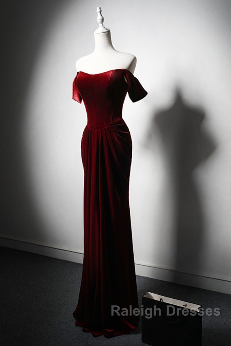Wine Red Velvet Off Shoulder Long Mermaid Prom Dress, Wine Red Velvet Eveing Dress