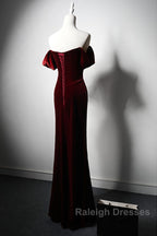 Wine Red Velvet Off Shoulder Long Mermaid Prom Dress, Wine Red Velvet Eveing Dress