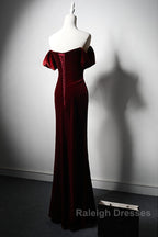 Wine Red Velvet Off Shoulder Long Mermaid Prom Dresses Wine Red Velvet Eveing Dresses