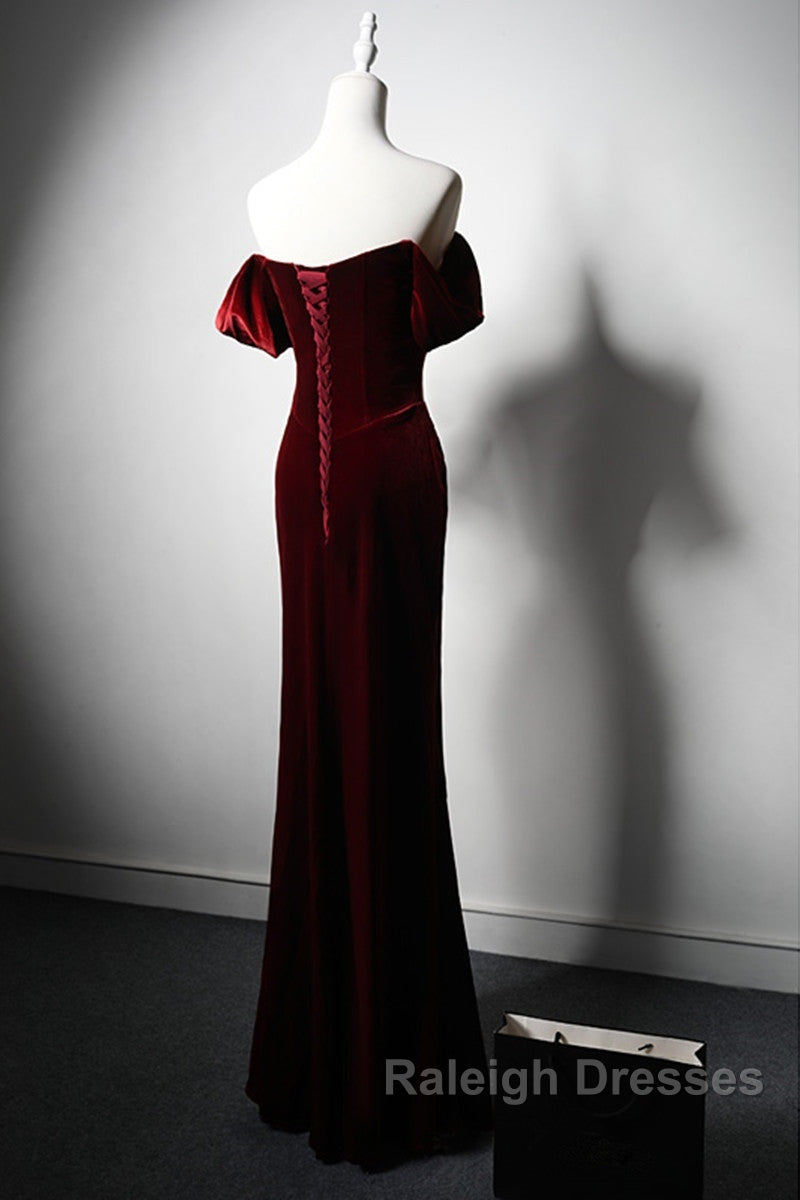 Wine Red Velvet Off Shoulder Long Mermaid Prom Dresses Wine Red Velvet Eveing Dresses