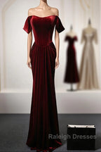 Wine Red Velvet Off Shoulder Long Mermaid Prom Dress, Wine Red Velvet Eveing Dress