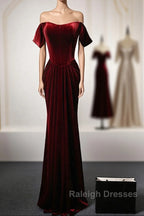 Wine Red Velvet Off Shoulder Long Mermaid Prom Dresses Wine Red Velvet Eveing Dresses
