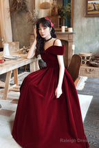 Wine Red Velvet Off Shoulder Long Prom Dress, Wine Red Party Dress Formal Dress