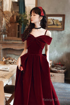 Wine Red Velvet Off Shoulder Long Prom Dress, Wine Red Party Dress Formal Dress