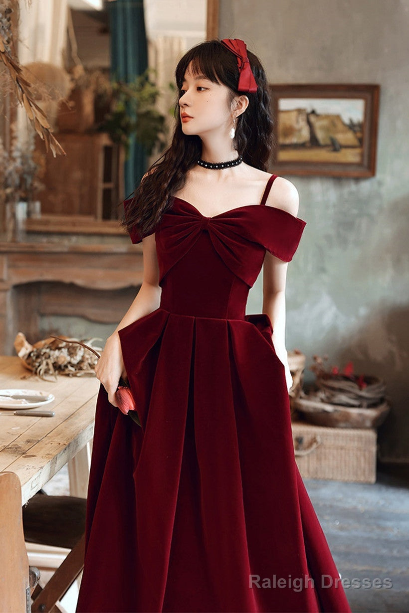 Wine Red Velvet Off Shoulder Long Prom Dress, Wine Red Party Dress Formal Dress