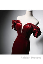 Wine Red Velvet Off Shoulder Mermaid Long Prom Dresses Long Lace-Up Prom Dresses