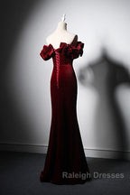 Wine Red Velvet Off Shoulder Mermaid Long Prom Dresses Long Lace-Up Prom Dresses