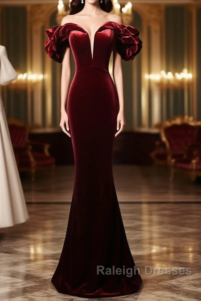 Wine Red Velvet Off Shoulder Mermaid Long Prom Dress, Long Lace-Up Evening Dress