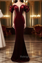 Wine Red Velvet Off Shoulder Mermaid Long Prom Dresses Long Lace-Up Prom Dresses
