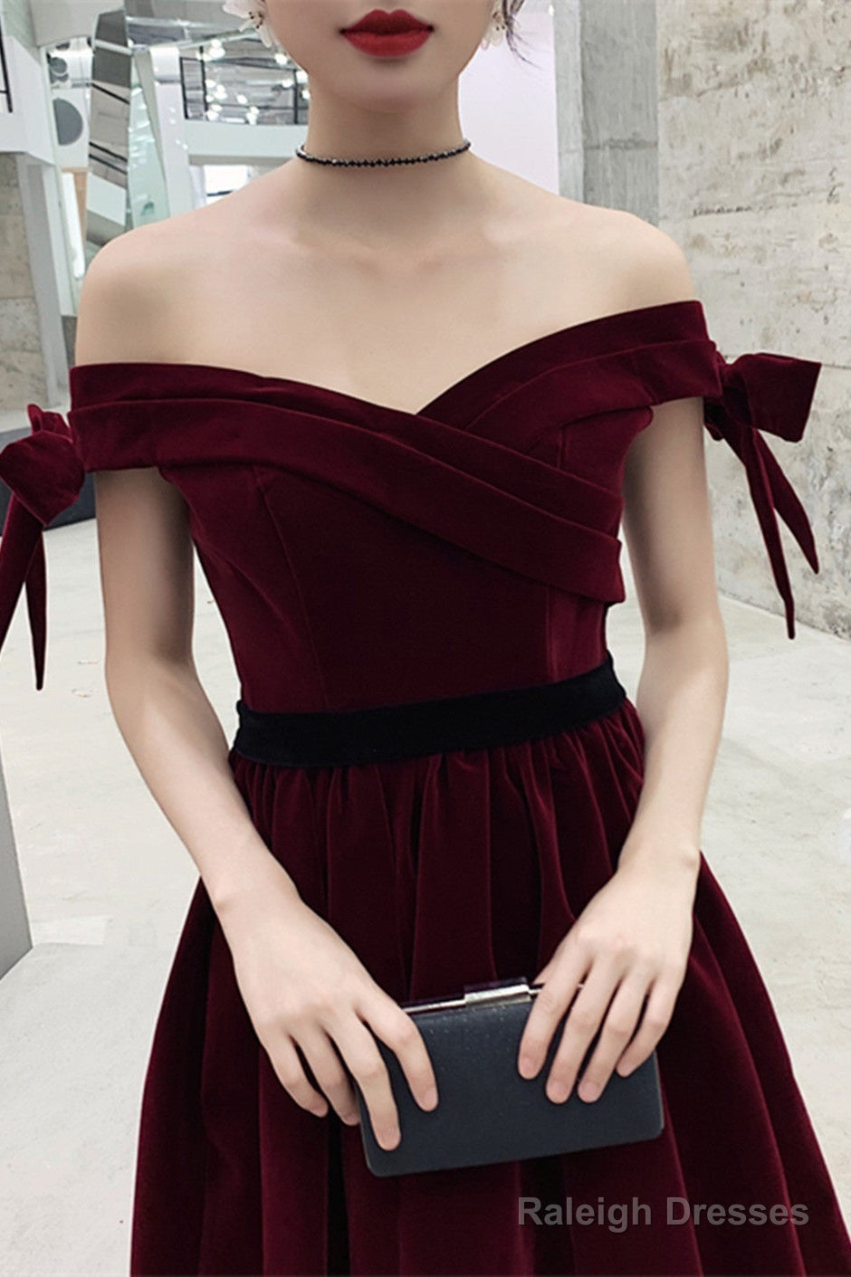 Wine Red Velvet Off Shoulder Party Dress, A-Line Velvet Bridesmaid Dress Prom Dress