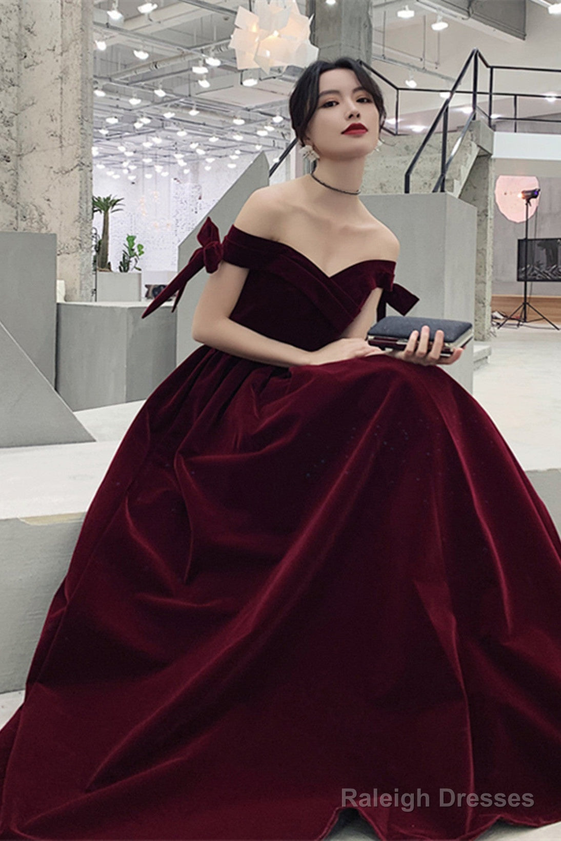 Wine Red Velvet Off Shoulder Prom Dresses A-Line Velvet Bridesmaid Dresses Prom Dresses