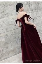 Wine Red Velvet Off Shoulder Party Dress, A-Line Velvet Bridesmaid Dress Prom Dress