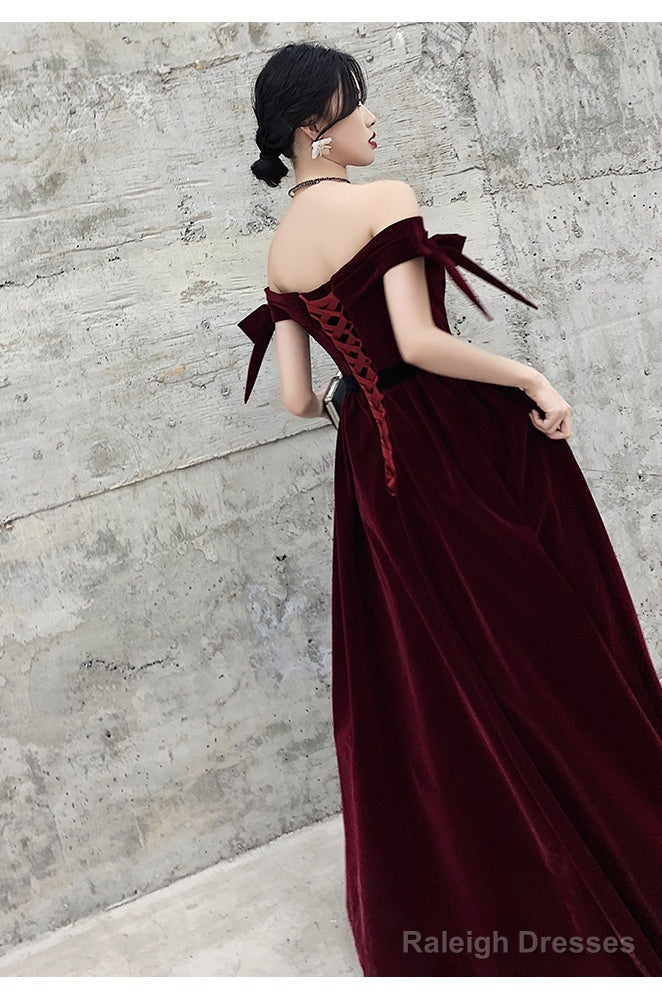 Wine Red Velvet Off Shoulder Prom Dresses A-Line Velvet Bridesmaid Dresses Prom Dresses