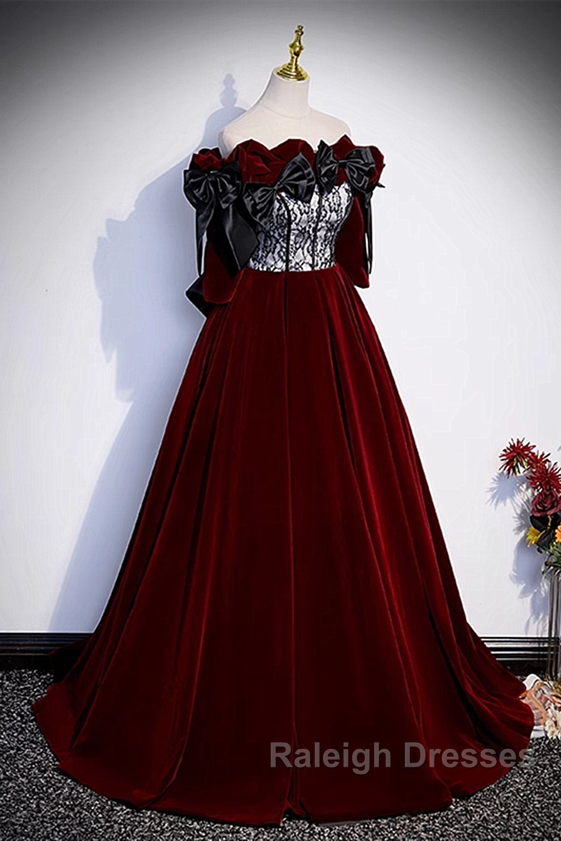 Wine Red Velvet Off Shoulder Party Dress With Bow, Wine Red Velvet Long Prom Dress