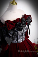 Wine Red Velvet Off Shoulder Party Dress With Bow, Wine Red Velvet Long Prom Dress