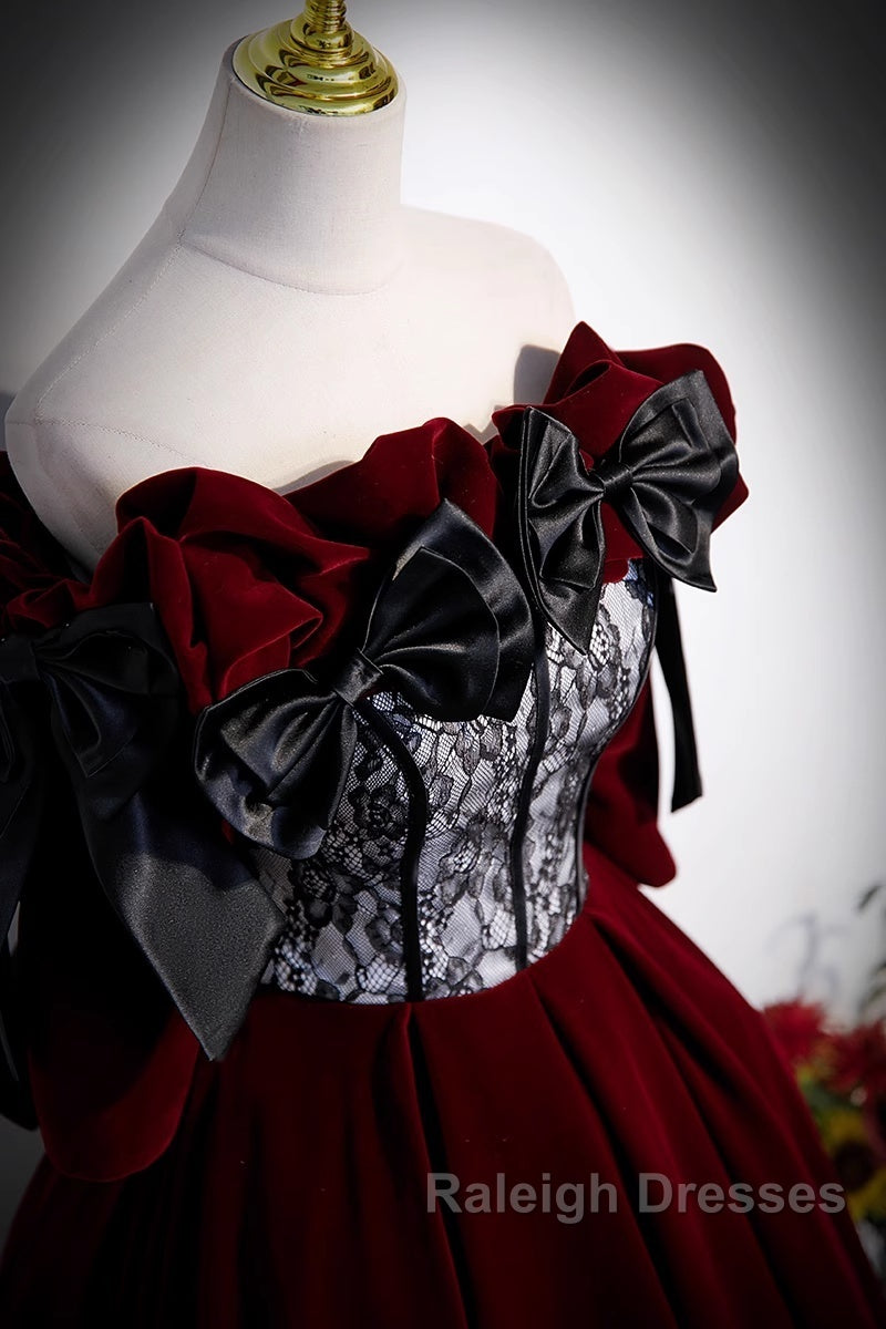 Wine Red Velvet Off Shoulder Party Dress With Bow, Wine Red Velvet Long Prom Dress