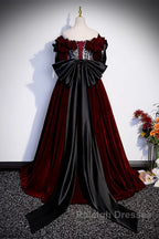 Wine Red Velvet Off Shoulder Party Dress With Bow, Wine Red Velvet Long Prom Dress