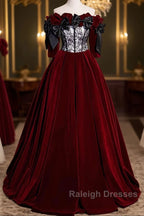 Wine Red Velvet Off Shoulder Party Dress With Bow, Wine Red Velvet Long Prom Dress