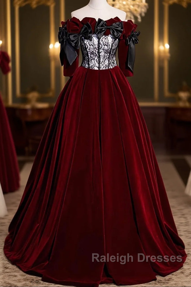 Wine Red Velvet Off Shoulder Party Dress With Bow, Wine Red Velvet Long Prom Dress